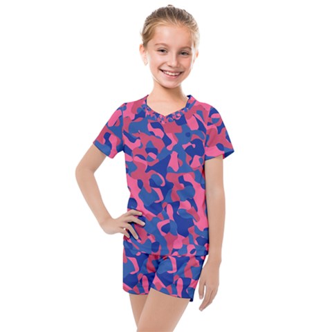 Blue And Pink Camouflage Pattern Kids  Mesh Tee And Shorts Set by SpinnyChairDesigns