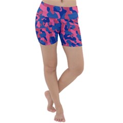 Blue And Pink Camouflage Pattern Lightweight Velour Yoga Shorts by SpinnyChairDesigns