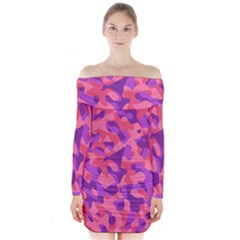 Pink And Purple Camouflage Long Sleeve Off Shoulder Dress by SpinnyChairDesigns