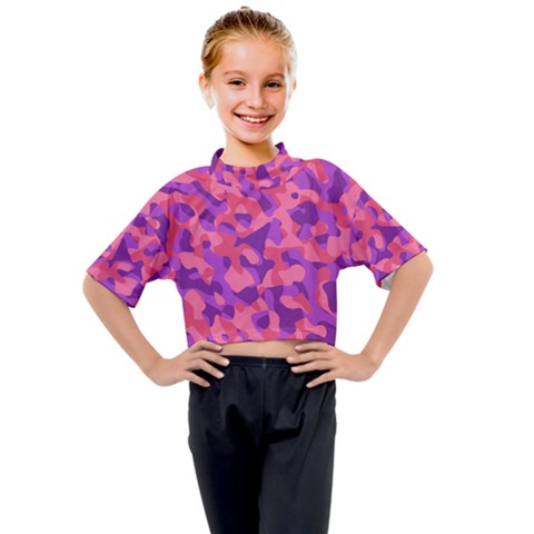 Pink And Purple Camouflage Kids Mock Neck Tee by SpinnyChairDesigns