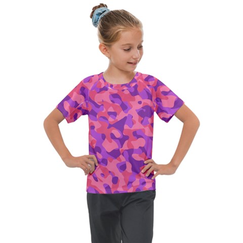 Pink And Purple Camouflage Kids  Mesh Piece Tee by SpinnyChairDesigns