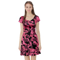 Black And Pink Camouflage Pattern Short Sleeve Skater Dress by SpinnyChairDesigns