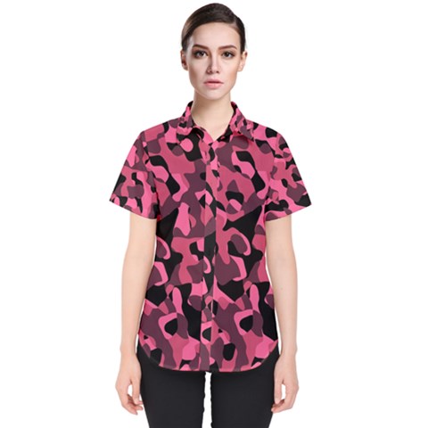 Black And Pink Camouflage Pattern Women s Short Sleeve Shirt by SpinnyChairDesigns