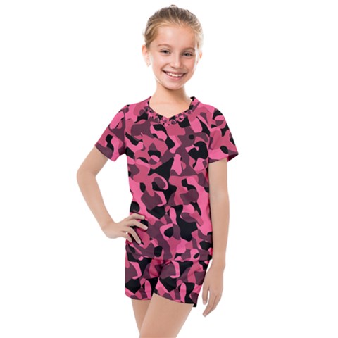 Black And Pink Camouflage Pattern Kids  Mesh Tee And Shorts Set by SpinnyChairDesigns