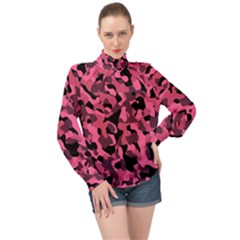 Black And Pink Camouflage Pattern High Neck Long Sleeve Chiffon Top by SpinnyChairDesigns