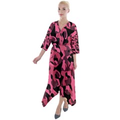 Black And Pink Camouflage Pattern Quarter Sleeve Wrap Front Maxi Dress by SpinnyChairDesigns