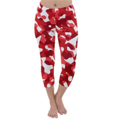 Red And White Camouflage Pattern Capri Winter Leggings  by SpinnyChairDesigns