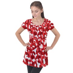 Red And White Camouflage Pattern Puff Sleeve Tunic Top by SpinnyChairDesigns