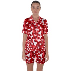 Red And White Camouflage Pattern Satin Short Sleeve Pyjamas Set by SpinnyChairDesigns