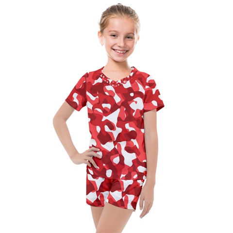 Red And White Camouflage Pattern Kids  Mesh Tee And Shorts Set by SpinnyChairDesigns