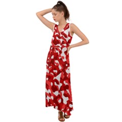 Red And White Camouflage Pattern V-neck Chiffon Maxi Dress by SpinnyChairDesigns