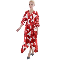 Red And White Camouflage Pattern Quarter Sleeve Wrap Front Maxi Dress by SpinnyChairDesigns