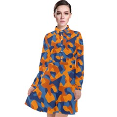 Blue And Orange Camouflage Pattern Long Sleeve Chiffon Shirt Dress by SpinnyChairDesigns