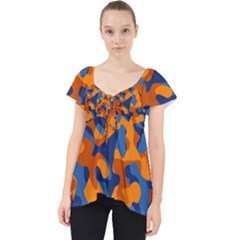 Blue And Orange Camouflage Pattern Lace Front Dolly Top by SpinnyChairDesigns