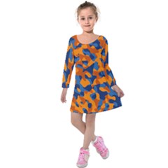 Blue And Orange Camouflage Pattern Kids  Long Sleeve Velvet Dress by SpinnyChairDesigns