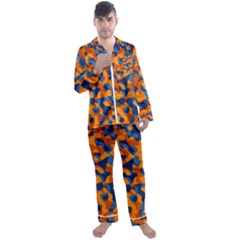 Blue And Orange Camouflage Pattern Men s Long Sleeve Satin Pyjamas Set by SpinnyChairDesigns