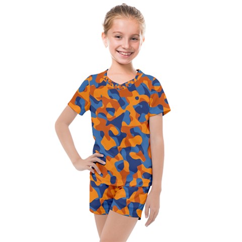 Blue And Orange Camouflage Pattern Kids  Mesh Tee And Shorts Set by SpinnyChairDesigns