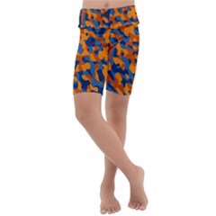 Blue And Orange Camouflage Pattern Kids  Lightweight Velour Cropped Yoga Leggings by SpinnyChairDesigns