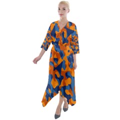 Blue And Orange Camouflage Pattern Quarter Sleeve Wrap Front Maxi Dress by SpinnyChairDesigns