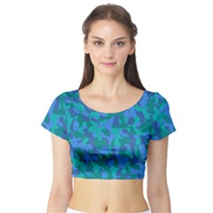 Blue Turquoise Teal Camouflage Pattern Short Sleeve Crop Top by SpinnyChairDesigns