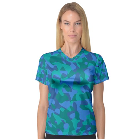 Blue Turquoise Teal Camouflage Pattern V-neck Sport Mesh Tee by SpinnyChairDesigns