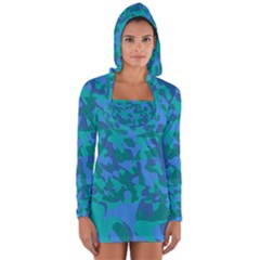 Blue Turquoise Teal Camouflage Pattern Long Sleeve Hooded T-shirt by SpinnyChairDesigns