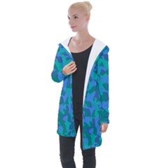 Blue Turquoise Teal Camouflage Pattern Longline Hooded Cardigan by SpinnyChairDesigns