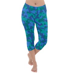 Blue Turquoise Teal Camouflage Pattern Lightweight Velour Capri Yoga Leggings by SpinnyChairDesigns