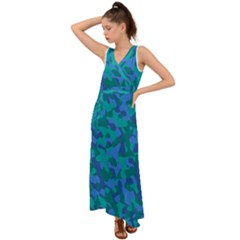 Blue Turquoise Teal Camouflage Pattern V-neck Chiffon Maxi Dress by SpinnyChairDesigns