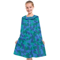 Blue Turquoise Teal Camouflage Pattern Kids  Midi Sailor Dress by SpinnyChairDesigns