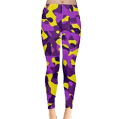 Purple And Yellow Camouflage Pattern Leggings  by SpinnyChairDesigns