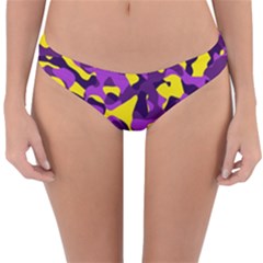 Purple And Yellow Camouflage Pattern Reversible Hipster Bikini Bottoms by SpinnyChairDesigns