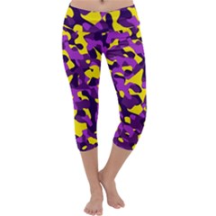 Purple And Yellow Camouflage Pattern Capri Yoga Leggings by SpinnyChairDesigns