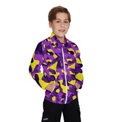 Purple And Yellow Camouflage Pattern Kids  Windbreaker by SpinnyChairDesigns