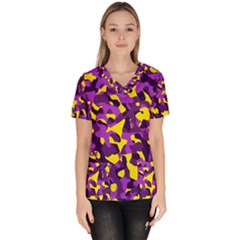 Purple And Yellow Camouflage Pattern Women s V-neck Scrub Top by SpinnyChairDesigns