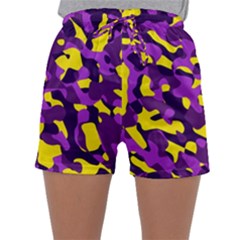 Purple And Yellow Camouflage Pattern Sleepwear Shorts by SpinnyChairDesigns