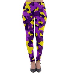 Purple And Yellow Camouflage Pattern Lightweight Velour Leggings by SpinnyChairDesigns