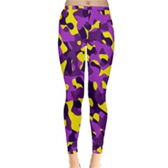 Purple And Yellow Camouflage Pattern Inside Out Leggings by SpinnyChairDesigns