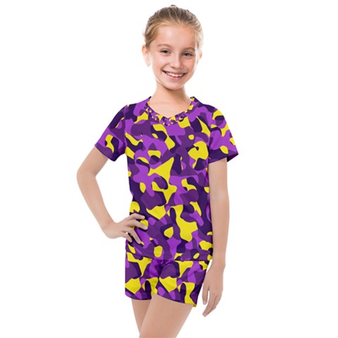 Purple And Yellow Camouflage Pattern Kids  Mesh Tee And Shorts Set by SpinnyChairDesigns