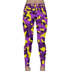 Purple And Yellow Camouflage Pattern Lightweight Velour Classic Yoga Leggings by SpinnyChairDesigns