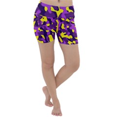 Purple And Yellow Camouflage Pattern Lightweight Velour Yoga Shorts by SpinnyChairDesigns