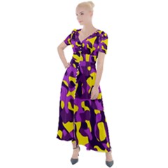 Purple And Yellow Camouflage Pattern Button Up Short Sleeve Maxi Dress by SpinnyChairDesigns