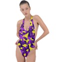 Purple and Yellow Camouflage Pattern Backless Halter One Piece Swimsuit View1