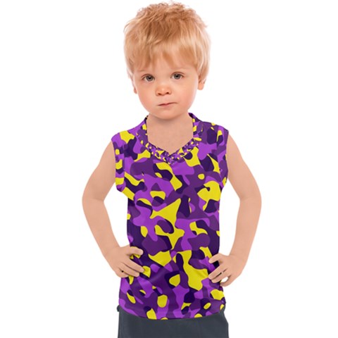 Purple And Yellow Camouflage Pattern Kids  Sport Tank Top by SpinnyChairDesigns