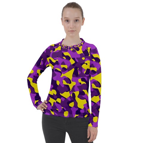 Purple And Yellow Camouflage Pattern Women s Pique Long Sleeve Tee by SpinnyChairDesigns