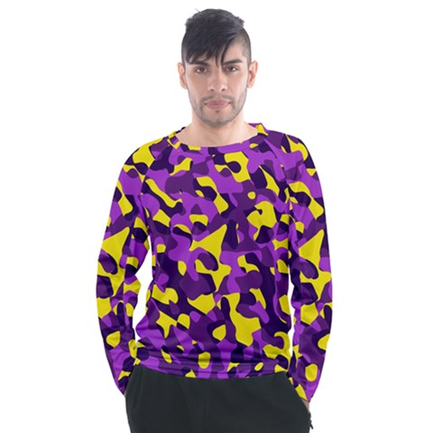 Purple And Yellow Camouflage Pattern Men s Long Sleeve Raglan Tee by SpinnyChairDesigns