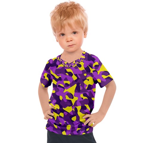 Purple And Yellow Camouflage Pattern Kids  Sports Tee by SpinnyChairDesigns