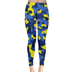 Blue And Yellow Camouflage Pattern Leggings  by SpinnyChairDesigns