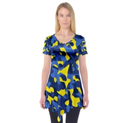 Blue And Yellow Camouflage Pattern Short Sleeve Tunic  by SpinnyChairDesigns