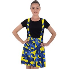 Blue And Yellow Camouflage Pattern Velvet Suspender Skater Skirt by SpinnyChairDesigns